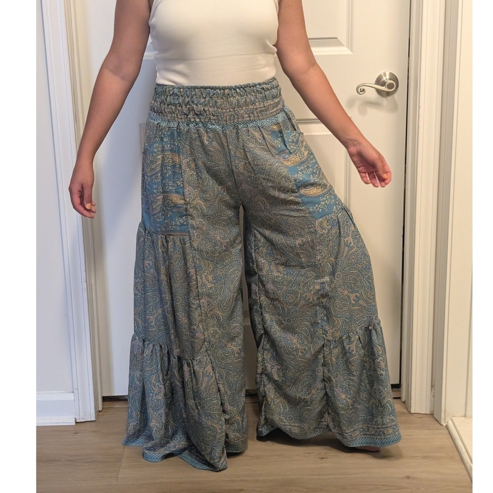 Boho Smocked Waist Tiered Wide Leg Paisley Pants Hippie Festival Flowy Boho Blue